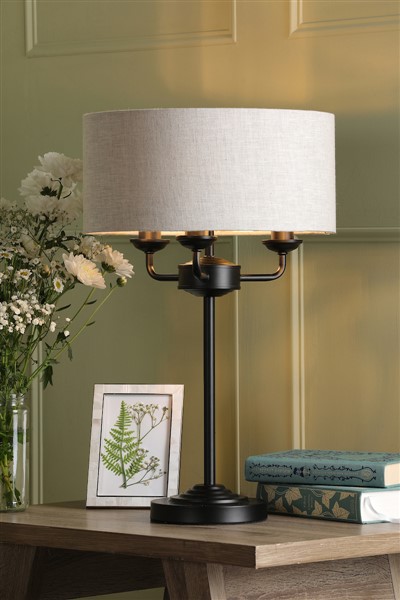 (image for) Laura Ashley Sorrento 3 Light Table Lamp Matt Black and Natural With Shade